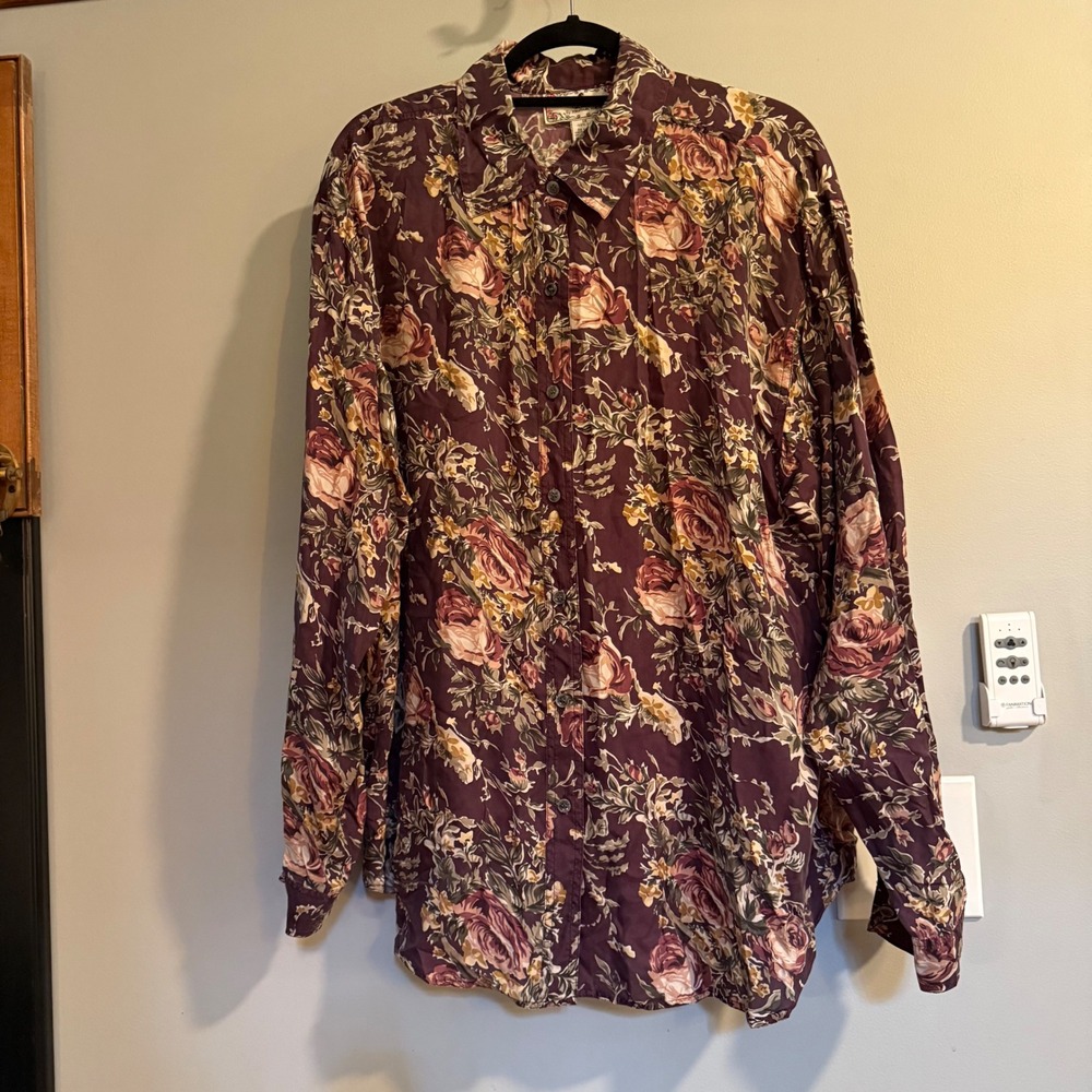 Sophisticates Jonathan Martin Silk Floral Button Down Blouse Long Sleeve Plum 1X